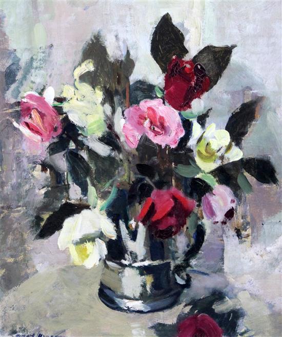 § Edward Wesson (1910-1983) Still lifes of flowers in a pottery jug and a pewter flagon, 15.5 x 13.5in.